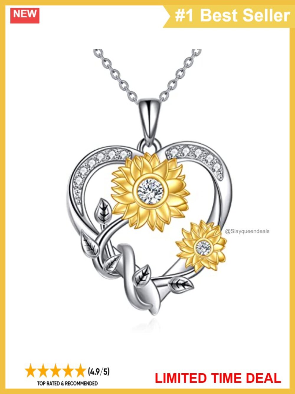 18K Gold Plated Sterling Silver Moissanite Sunflower Heart Pendant Necklace